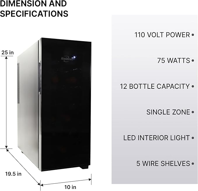 Koolatron 12 Bottle Wine Fridge – Freestanding Wine Cooler with Glass Door, 1.2 Cu Ft (33L) Beverage Can Refrigerator, Digital Temperature Control, Ideal for Red, White & Sparkling Wine, Champagne