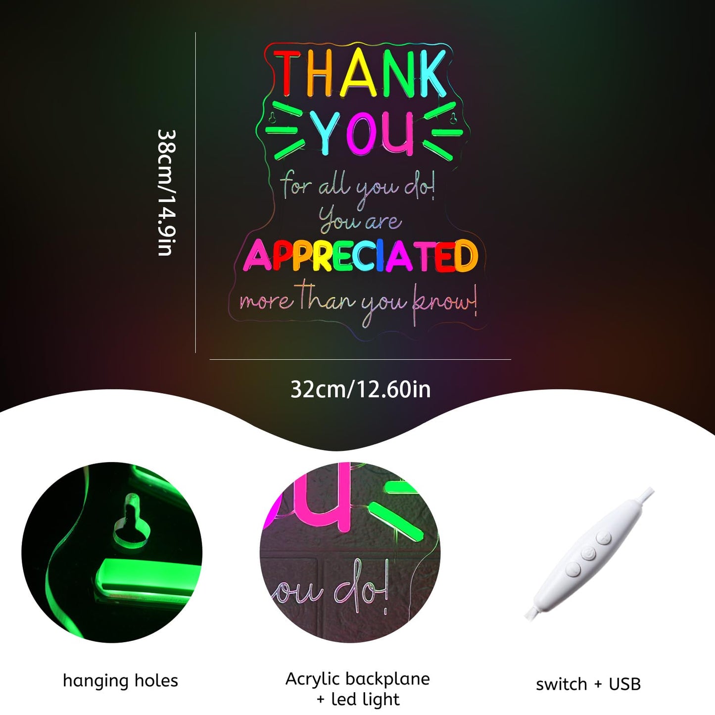 Wlhope Thank You Appreciated Neon Sign Led Signs For Classroom Wall Decor Neon Lights Acrylic Sign For Living Room Bedroom Office Teachers Day Gift Decoration