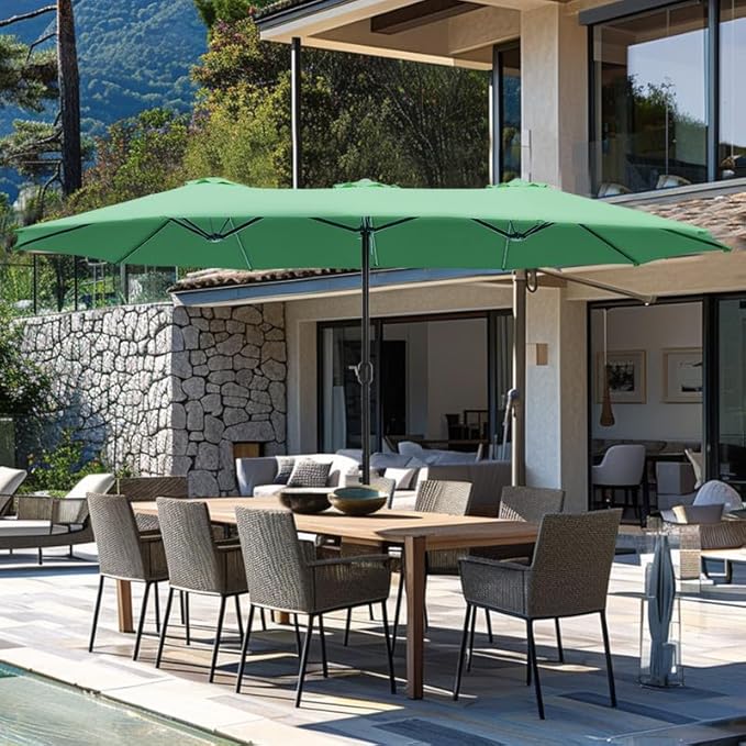 GREEN PARTY 15 ft Rectangle Patio Umbrella with Base Included, Double-Sided Table Umbrella with Crank, Large Outdoor Umbrellas for Patio Poolside Garden Backyard, Mint Green