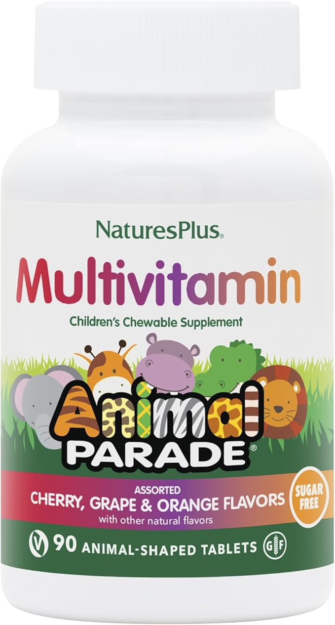 Natures Plus Animal Parade Sugar-Free Children's Multivitamin - Assorted Cherry, Grape & Orange Flavors - Pack of 2, 90 Chewable Tablets - 90 Total Servings