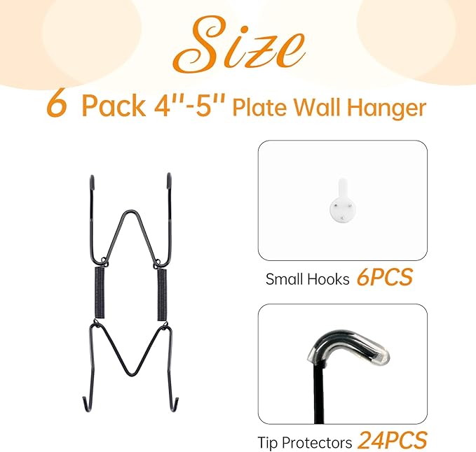 6 Pack Plate Hangers for The Wall, Suitable for 4-5 inch Art Plate, Stainless Steel Invisible Heavy Duty Wire Plate Holder with Wall Hooks, Plate Hangers for Displaying Plates, Platter, Dish, Black