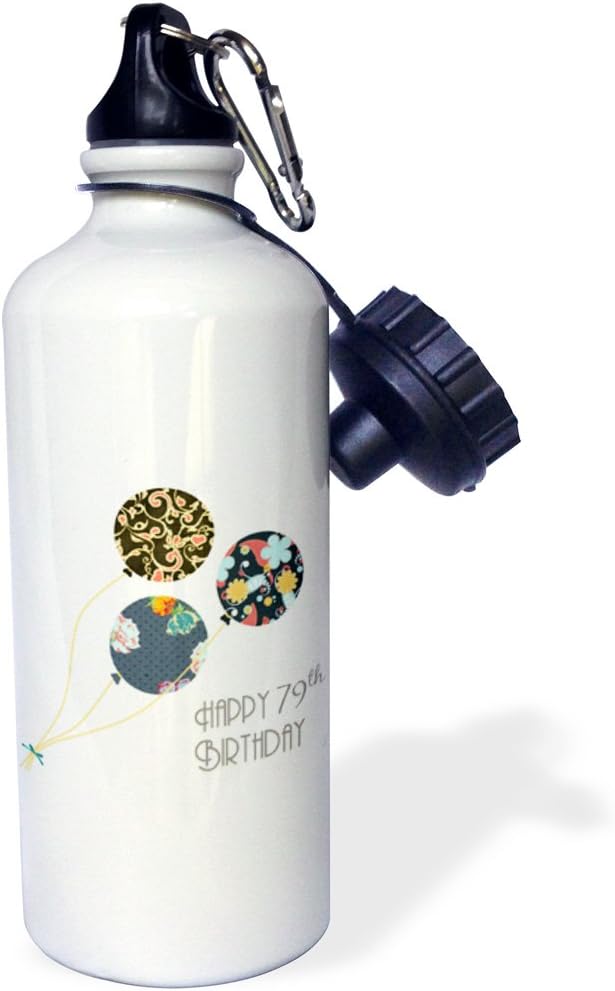 3dRose "Happy 79th Birthday-Modern stylish floral Balloons. Elegant black brown blue 79 year old Bday" Sports Water Bottle, 21 oz, White