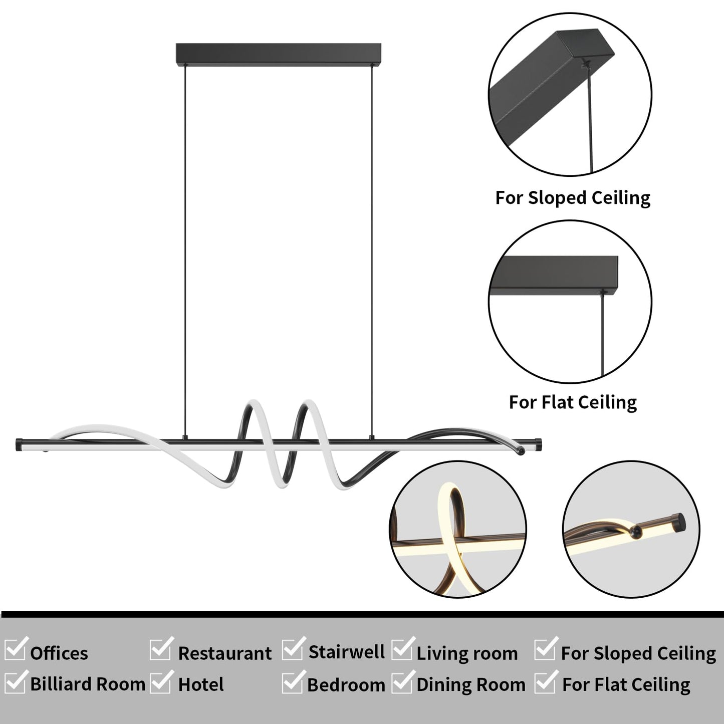 Zihoi Modern LED Pendant Light, Dimmable with Remote, 3000K-6000K Adjustable, 39in, Black, Model LX