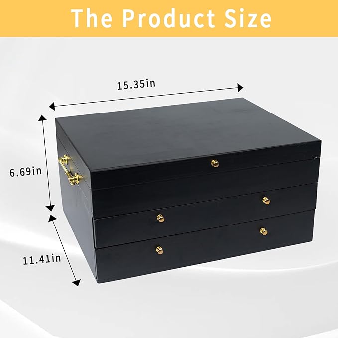 Silverware Storage Box,3 Layers Wooden Silverware Chest Case with Drawer,15.35" x 11.41" Flatware and Utensil Organizer for Kitchen(Flatware Not Included) (Black)