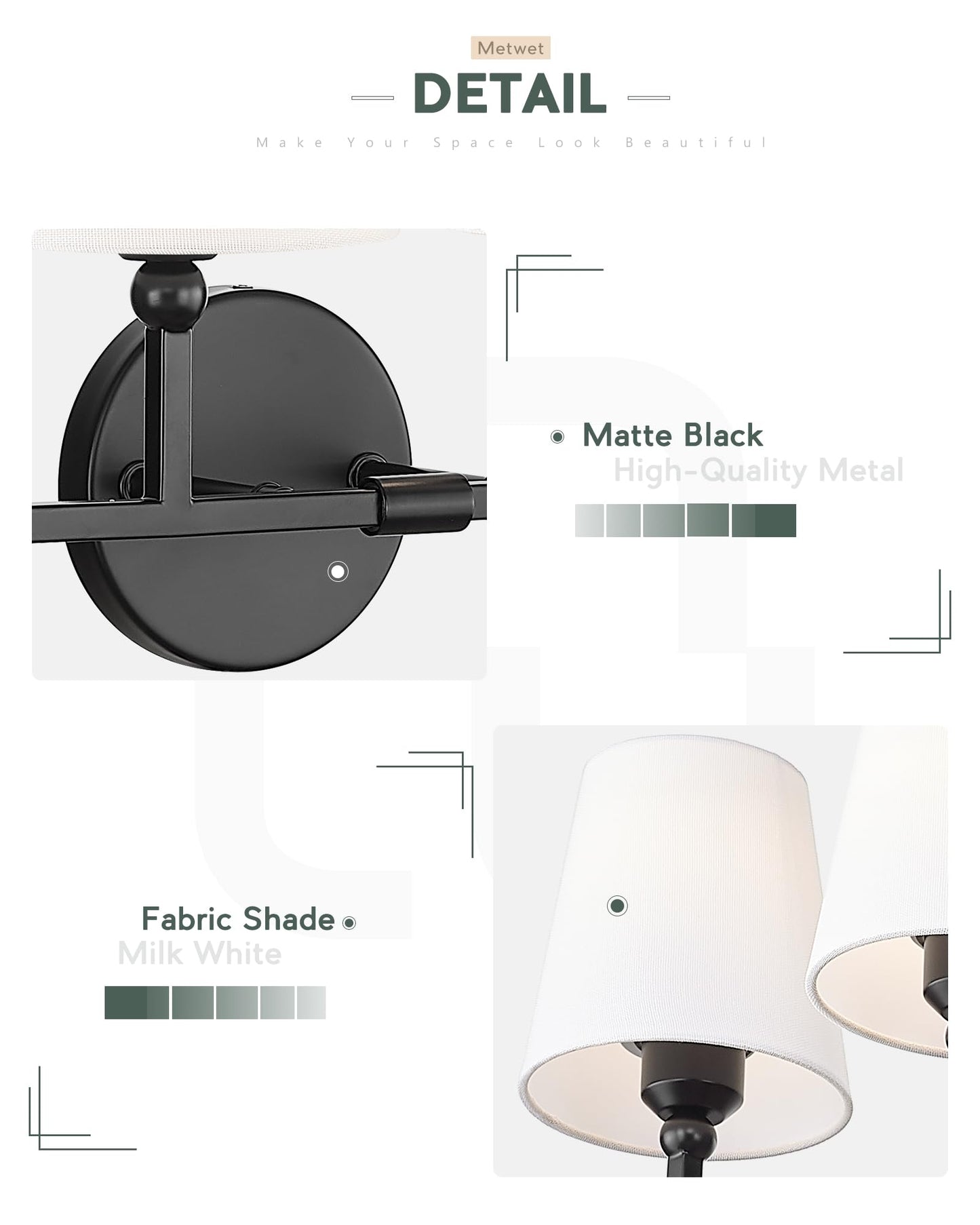 Metwet Bathroom Light Fixtures  42 Inch Matte Black Vanity Lights With Flared White Fabric Shade  6-Light Wall Sconce  Modern Sconces Wall Lighting For Hallway Bedroom  Vl837-Mb-6