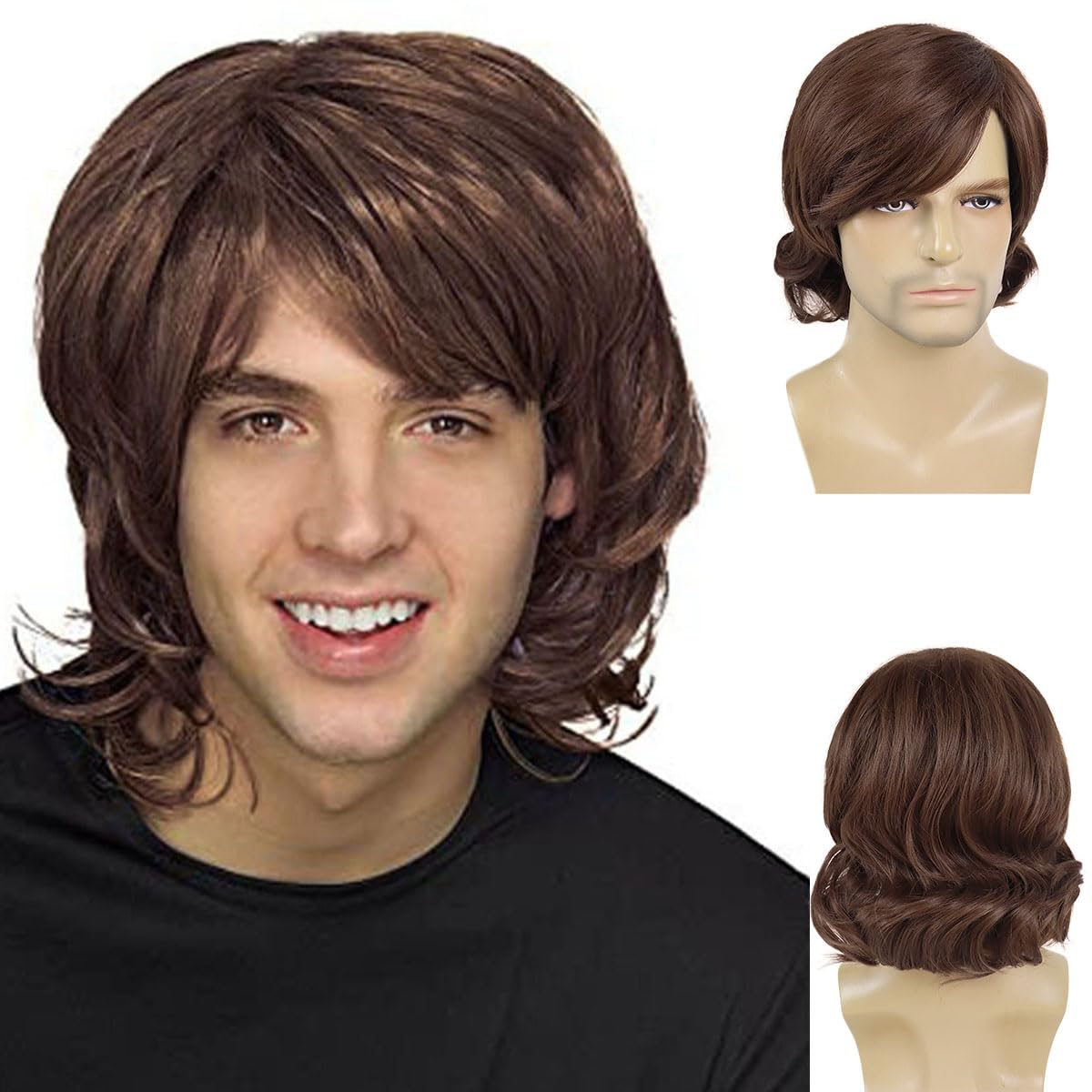 GNIMEGIL Shaggy Wig Men Short Curly Wavy Hair Brown Wigs Halloween Cosplay 60s 70s Male Rocker Costume Male Wig Reddish Cosplay