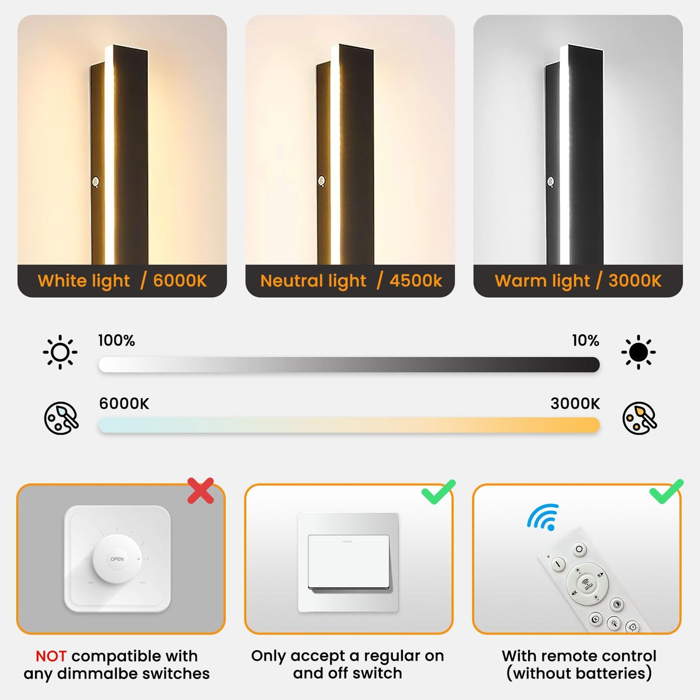 Mikeru 3CCT Dimmable Outdoor Wall Sconce, 57in IP65 Waterproof, Modern Black, Remote Control, Model FTBD-ZB2P, 2-Pack