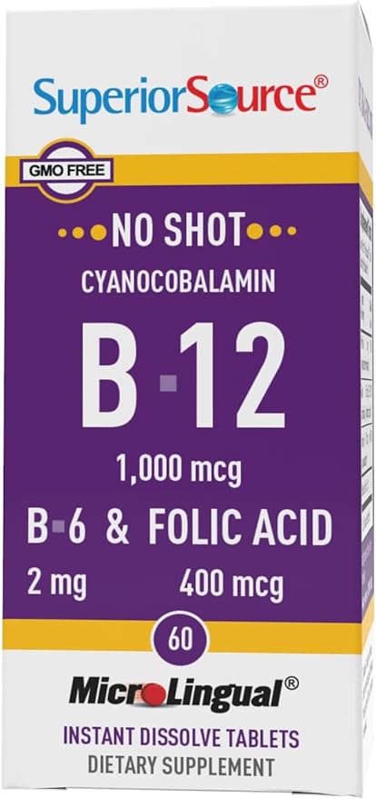 Superior Source No Shot Vitamin B-12 Cyanocobalamin 1000 mcg, B-6, Folic Acid 400 mcg - Support Brain & Heart Health - Aids Natural Energy Levels - 60 Sublingual Dissolving Tablets