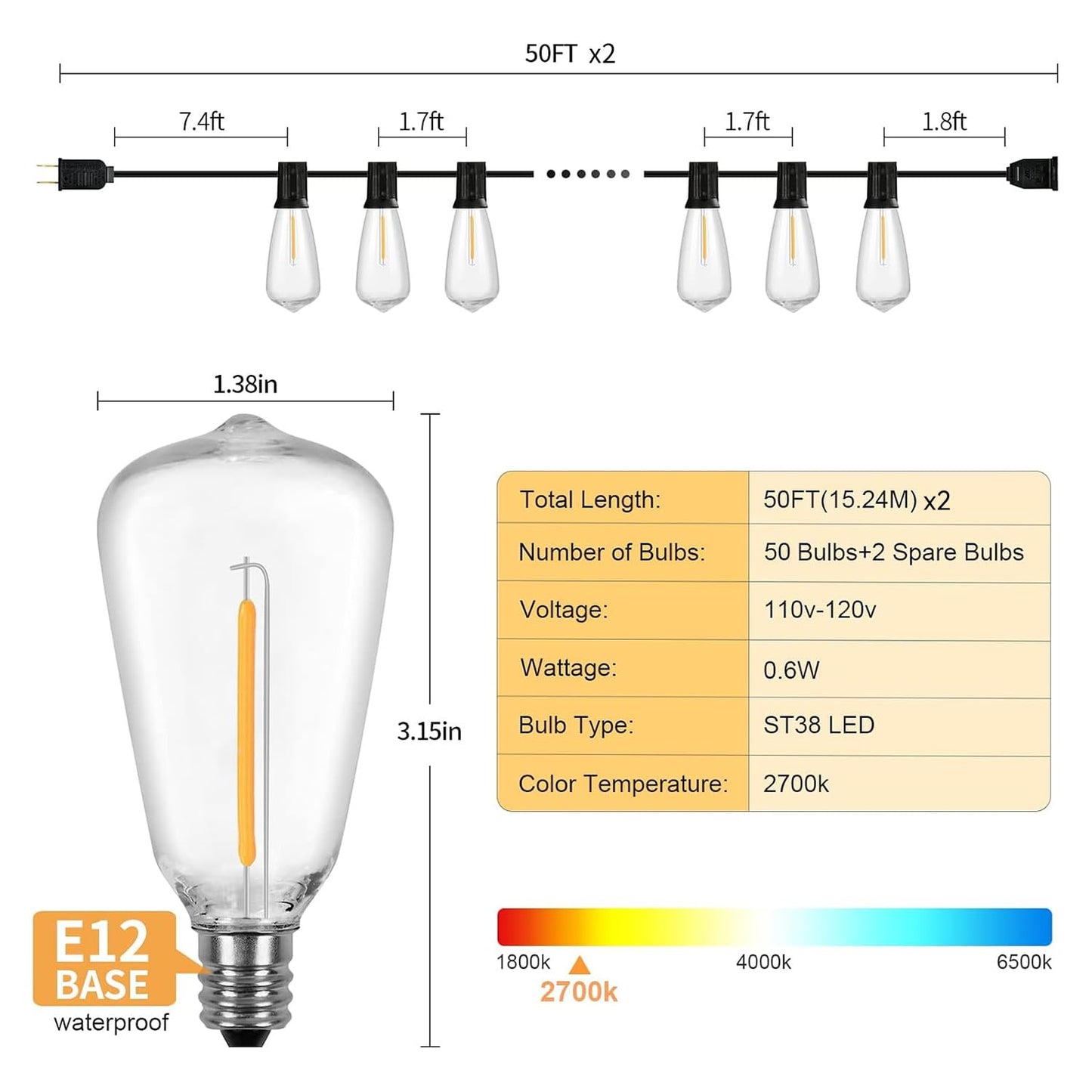 Vocevos 100Ft Led Outdoor String Lights With 52 Waterproof Shatterproof St38 Vintage Edison Bulbs  Outside Lights For Patio Lighting Cafe  Bistro  Backyard  2700K Dimmable