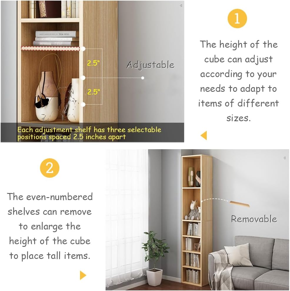 IOTXY Small Narrow Corner Bookcase - 59 Inches Tall Gap Freestanding Storage Cabinet, 6 Lattices Open Shelves Tower Rack with Door, Cubes Bookshelf in Oak