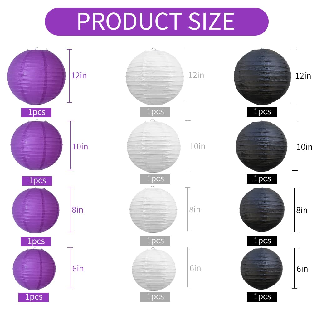 Beishida 12Pcs Purple Black White Paper Lanterns Decorative Chinese/Japanese Hanging Round Paper Lanterns Lamp For Halloween Birthday  Wedding  Christmas  Bridal Home Decor  Party Decoration