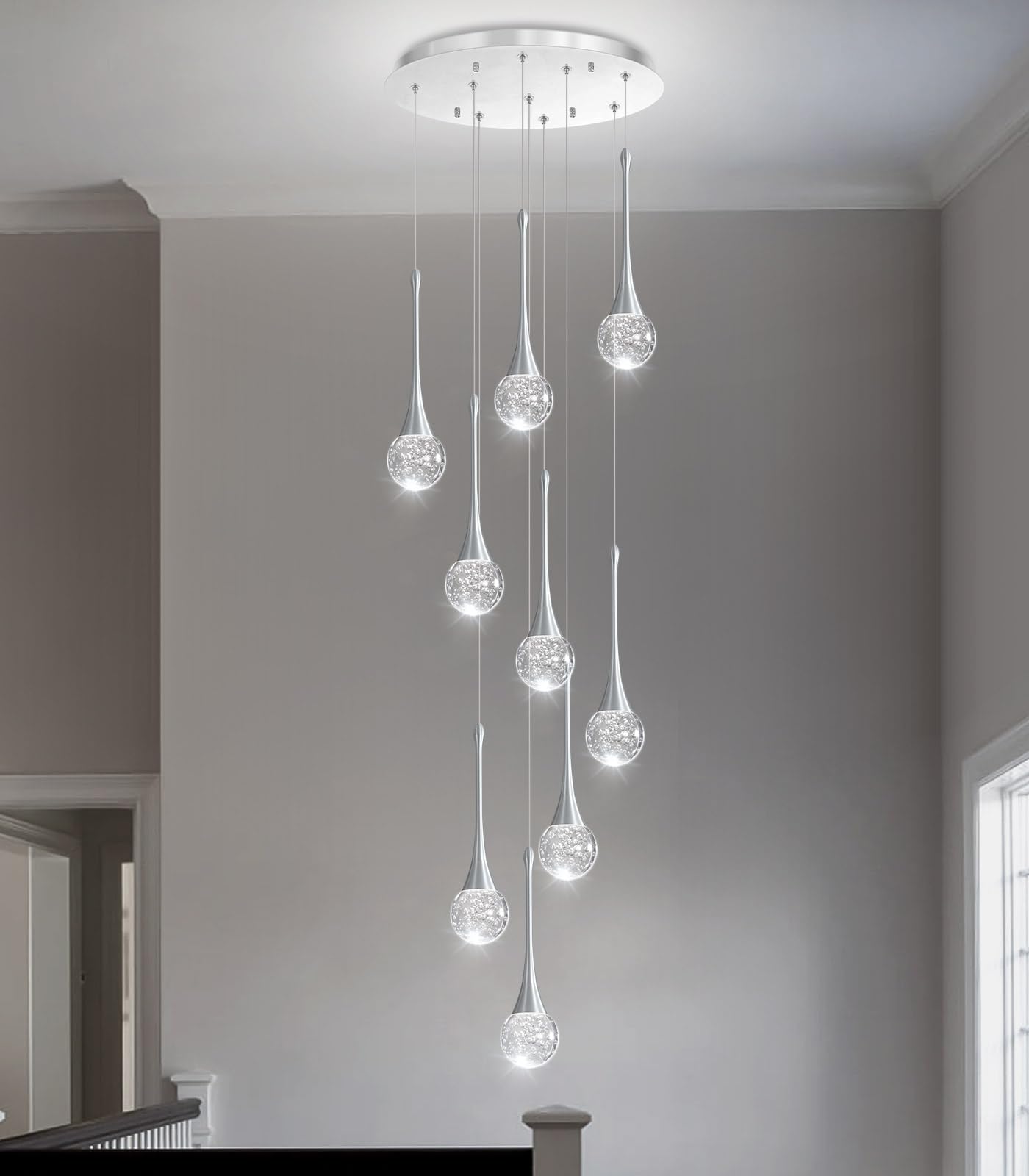 9 Light Modern Glam Crystal Chandelier For High Ceiling Led Dimmable Ceiling Pendant Light Staircase Foyer Enterway Living Room Chandelier Lighting Antique Silver
