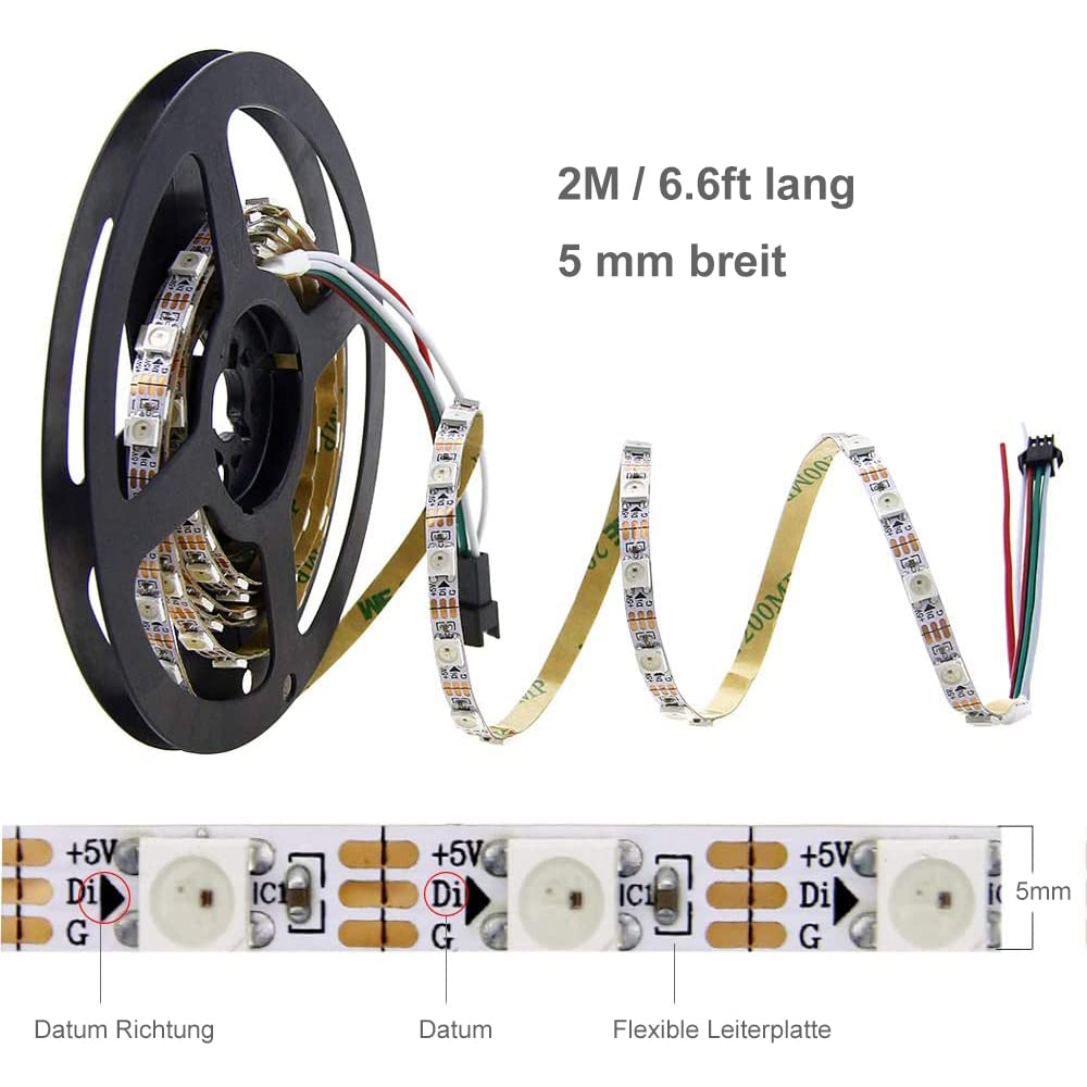 Alitove 5Mm Ws2812B Rgb Led Strip Light, 6.6Ft, 120 Leds, White, Super Narrow, Programmable, For Home Theater & Bar Decor