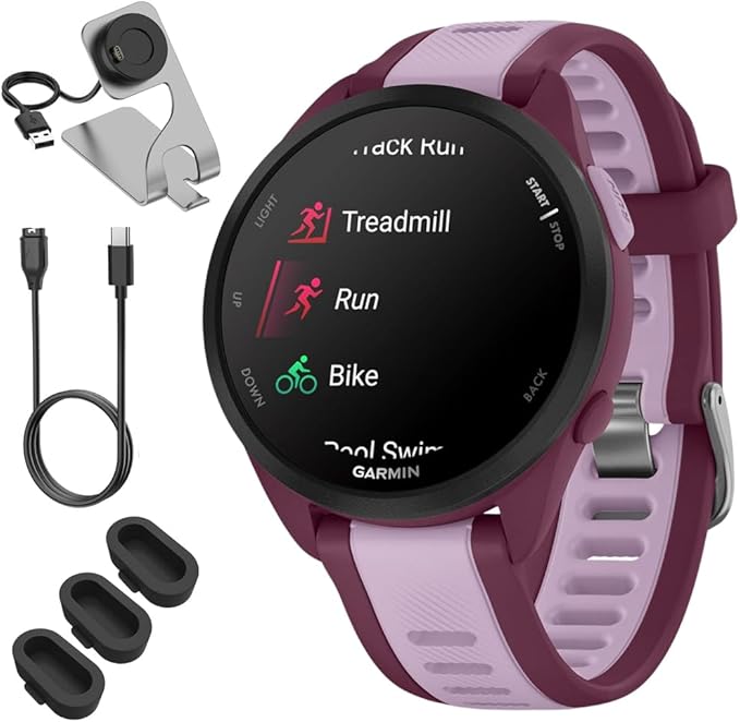 Garmin 010-02863-33 Forerunner 165 Music Smart Sport Watch, Berry + Lilac Bundle with Deco Essentials Charging Dock, 3X Si...