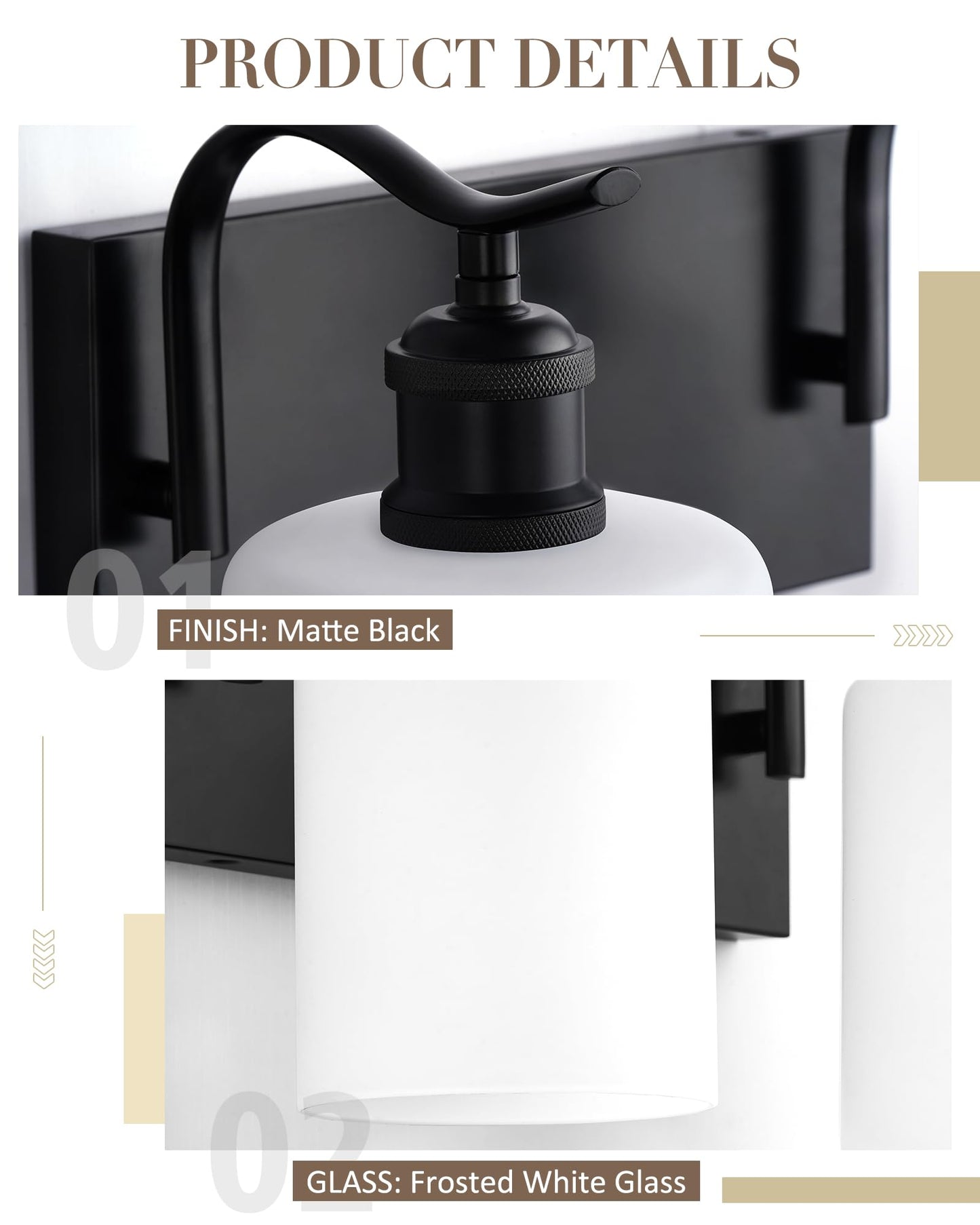 JAZAVA Black Vanity Light, 3-Light Bathroom Light Fixture, Modern Wall Sconce with Milk Glass, VL01BKW-3