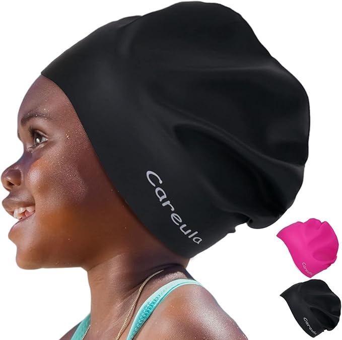 2 Pack Kids Swim Cap for Long Hair, Large Silicone Waterproof Swimming Cap for Age 3-15 Kids Girls Boys Toddler Children Y...