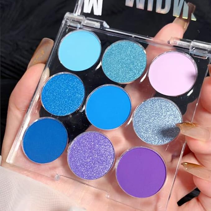 Purple Blue Eyeshadow Palette, Shimmer & Matte Violet Green Powder for Eye Makeup – 9-Color Highly Pigmented Light Dark Blue Pink Shades, Blendable Shiny & Matt