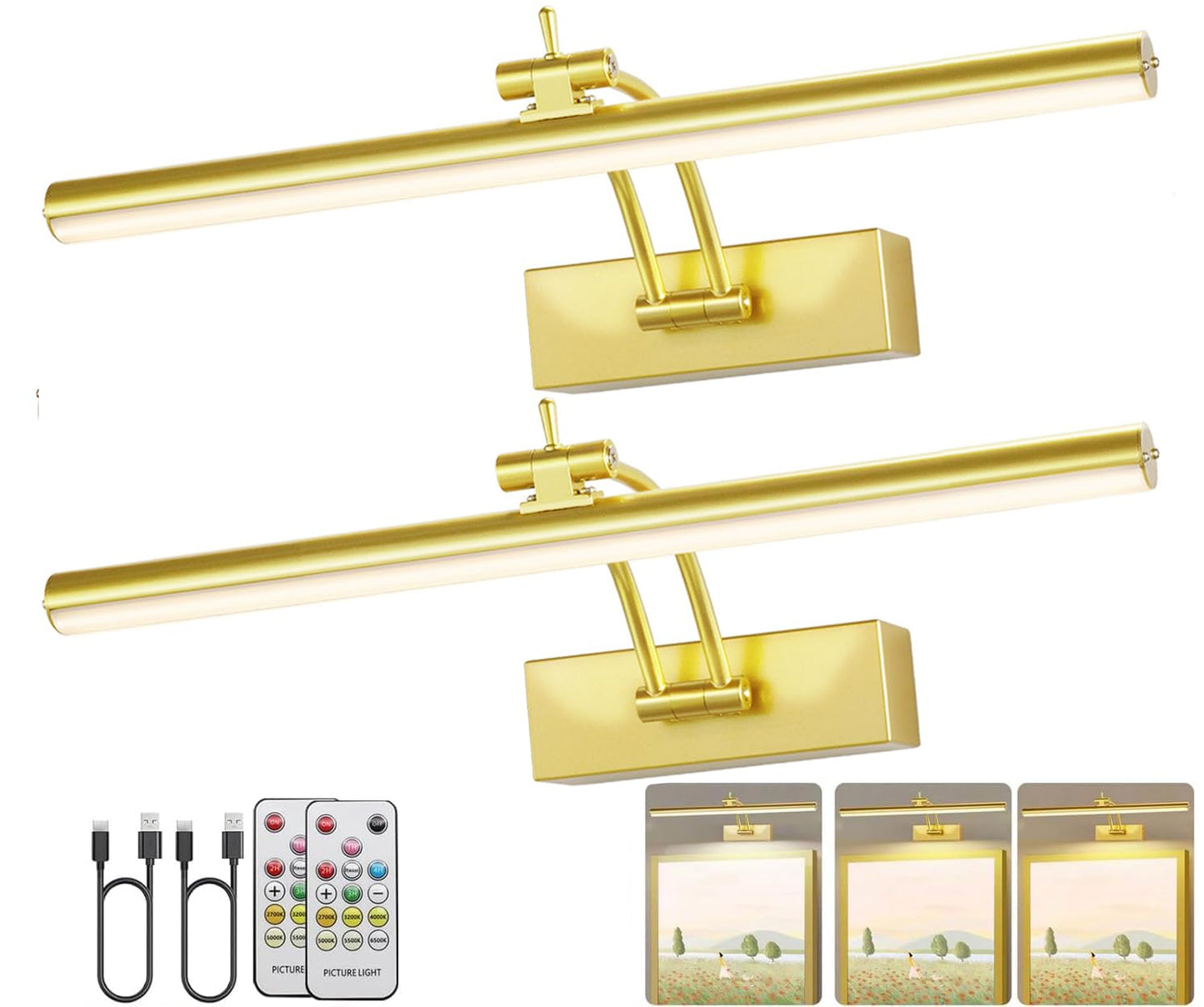 Yuichoy 2 Pack Picture Lights For Wall Battery Operated  12 Inch Wireless Art Lighting For discomfort-reducingting  6 Colors Picture Frame Lights With Remote  4200Mah Gallery Light  Gold