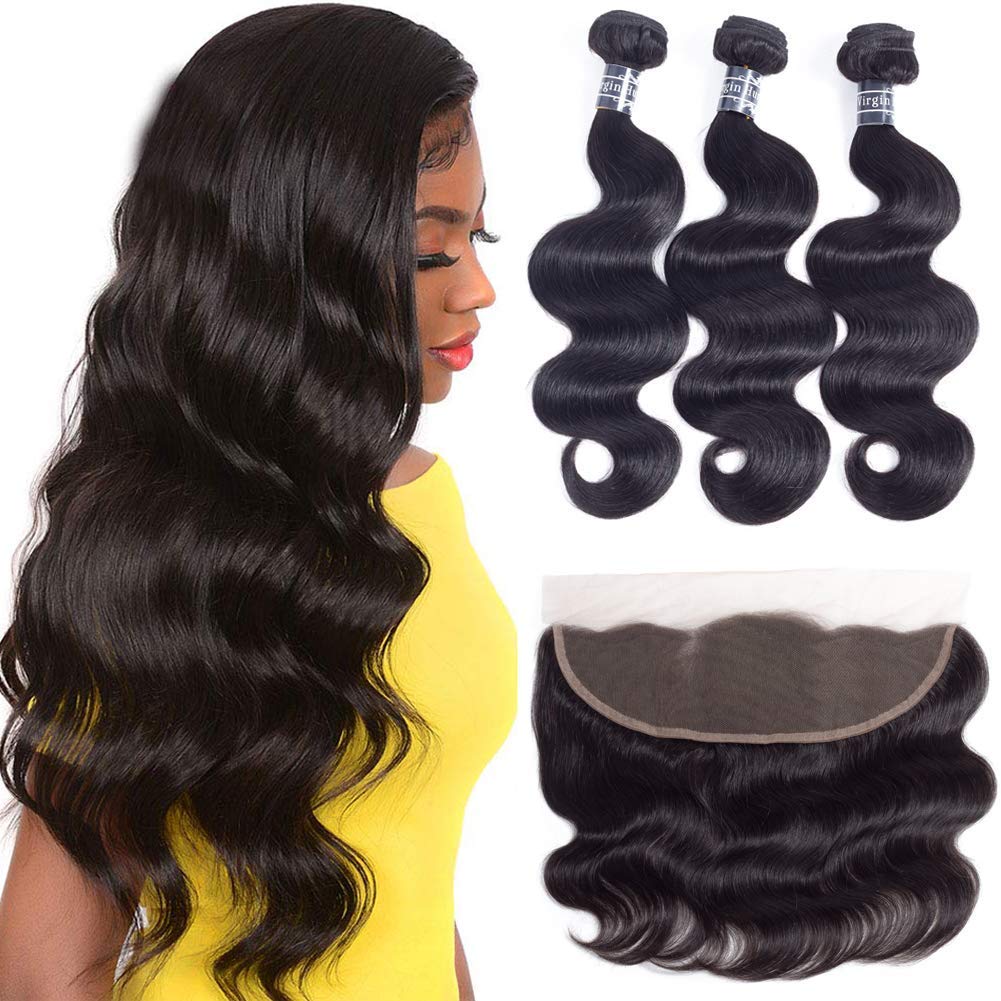 Amella Hair 8A Brazilian Body Wave With Frontal (12 14 16+12 Frontal)100% Unprocessed Brazilian Body Wave Frontal and Bundles Na