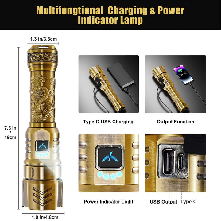 Skyfire Led Flashlights High Lumens With Ignition Lens 3000Lm Rechargeable Super Bright Flashlight Zoomable Four Modes Waterproof Tactical Flash Light For Camping Essentials Outdoor Home&Gifts-Gold