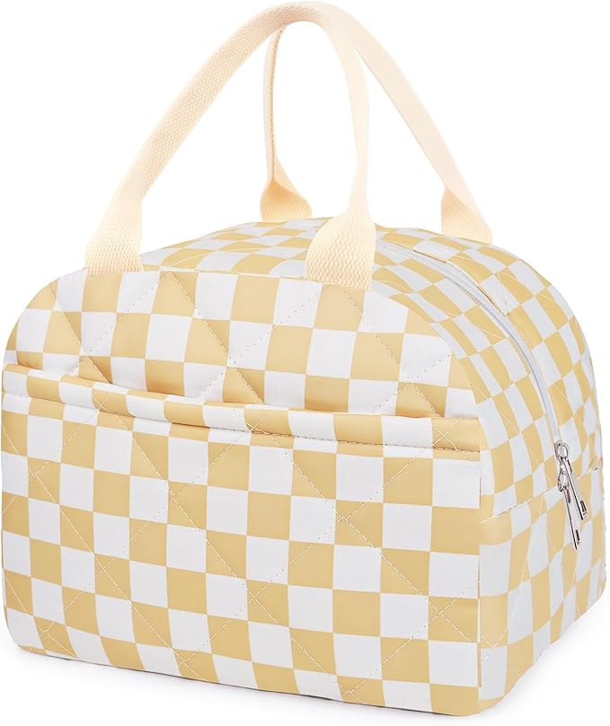 Cotton Quilted Insulated Lunch Bag, Cute Quilted Floral Lunch Tote Bags Reusable Insulated Lunch Box Coquette Aesthetic Large Capacity Insulated Cooler for Women Work Travel Picnic (Checkered Brown)