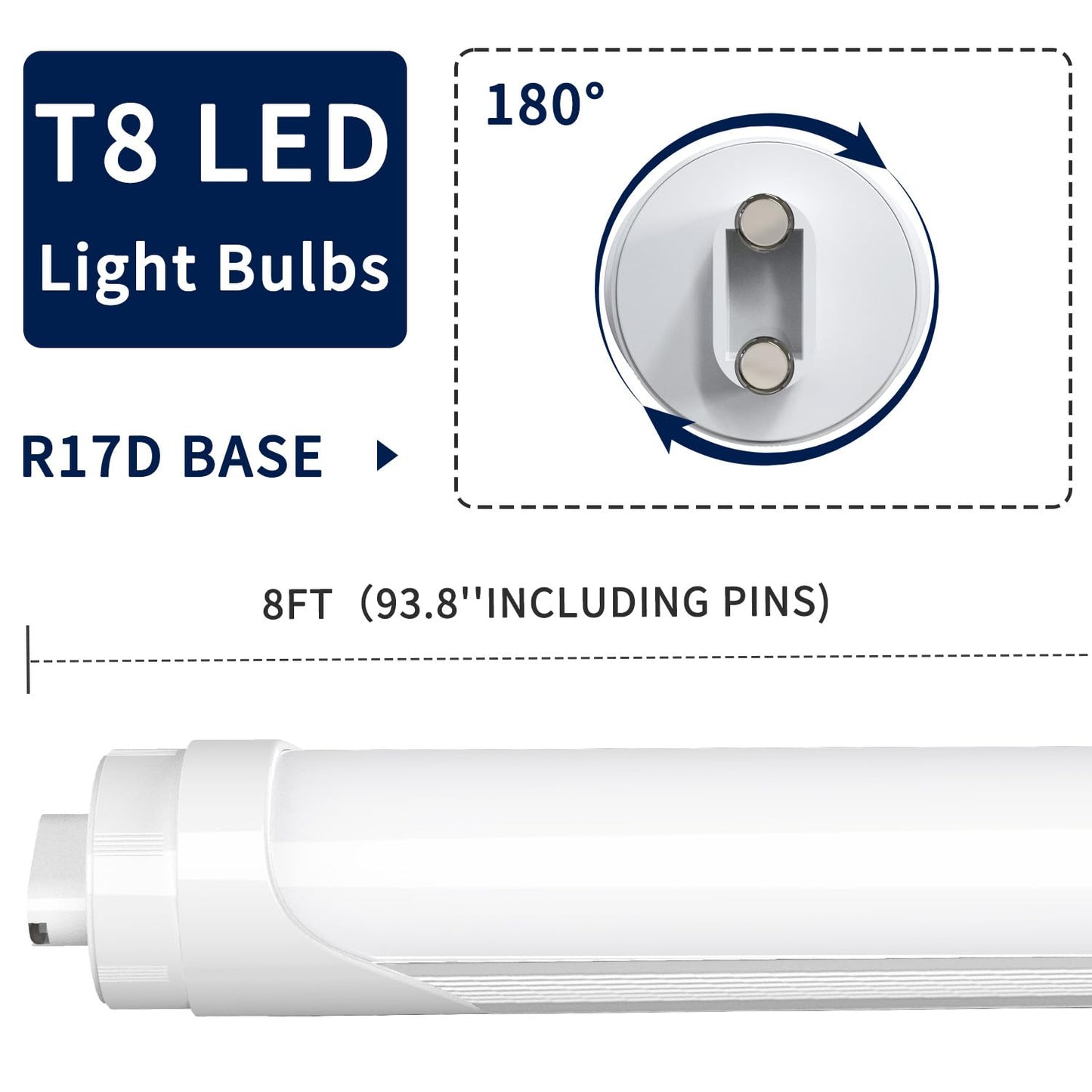 Jesled R17D/Ho 8Ft Led Bulbs  Rotate Tube Light Bulb 8 Foot  5000K Daylight 72W  7200Lm  110W Equivalent F96T12/Dw/Ho  Frosted Cover  T8/T10/T12 Replacement  Dual-End Powered  Ballast Bypass(4 Pack)