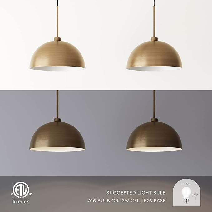 Nathan James Percy Modern 2-Light Pendant Island Light Fixture, Brass Hanging Lights with Gold Metal Shade and Adjustable Cord, for Kitchen, Living Room, Vintage Brass, Set of 2