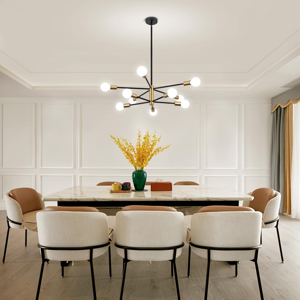 ZSMIHDOH 10-Light Chandelier, Modern Sputnik Light Fixture, Metal, Black & Gold, Model Huazhi-68T