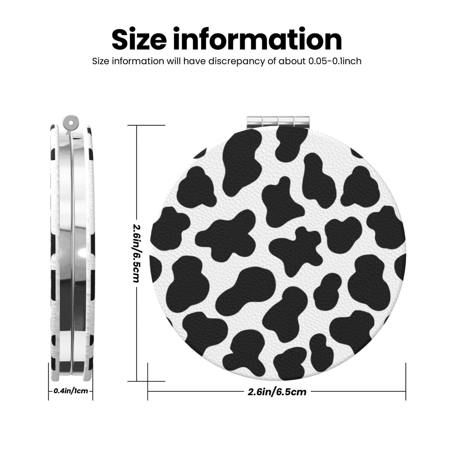 keluki Animal Cow White Black Spot Print Foldable Travel Pocket Mirror Round PU Leather Portable Mini Makeup Double Sided Handhe