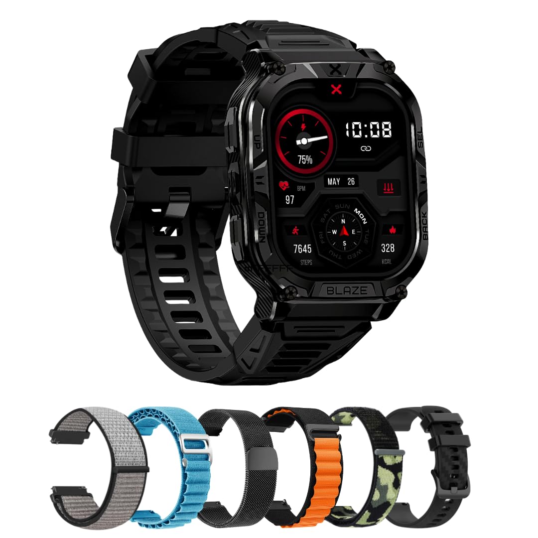 CARBINOX Blaze Smart Watch with 6 Pack Bands 22 mm GPS, Rugged Fitness Tracker Waterproof IP69K, Compatible with Android and iOS, 170+ Sports Modes, Make/Receive Calls (Square)