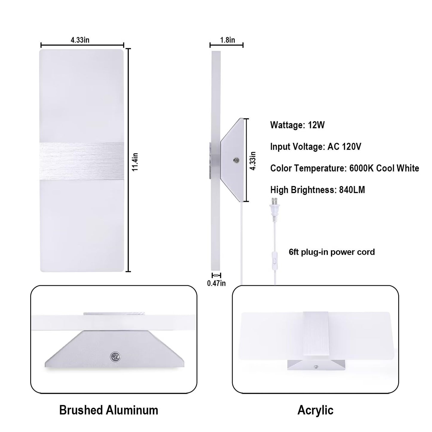Trlife Modern Wall Sconce - 12W Acrylic Light, 6000K Cool White, Plug-In With 6Ft Cord, On/Off Switch, 1 Pack