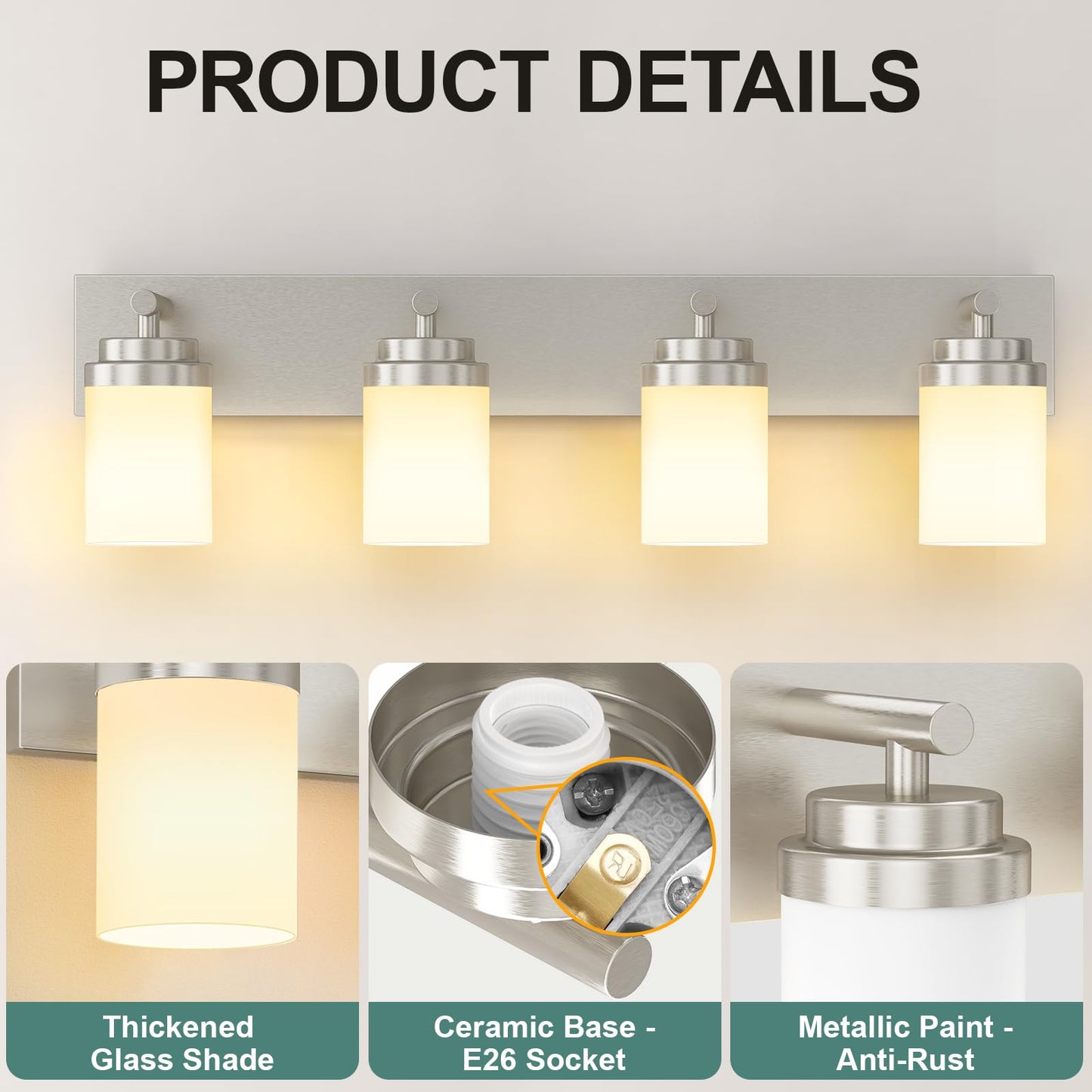 Izorro Bathroom Vanity Light Fixture  4-Light 27.5 Inch Brushed Nickel Bathroom Light Fixtures Over Mirror  With White Glass Shade  Modern Farmhouse Vanity Lights  Rustic Restroom Lighting Fixtures