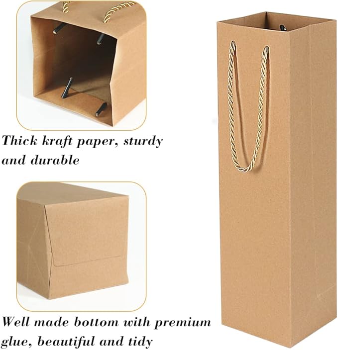 HRX Package Premium Kraft Paper Wine Gift Bags with Handles, 12PCS Sturdy Single Bottle Wine Holder Tote Bag for Christmas, Party, Shopping, Retail Merchandise (Brown)