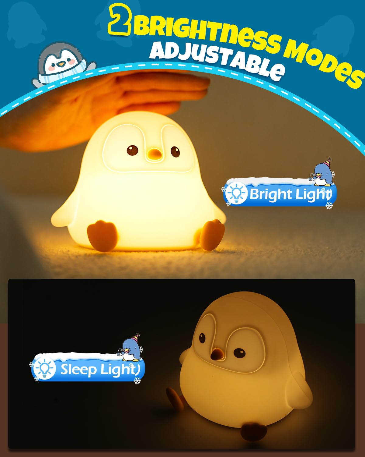 Cute Penguin Night Light  Animal Lamp  Food Grade Silicone  Rechargeable  2 Level Dimmable  Squishy Nursery Nightlight For Desk Decor  Funny Gifts Stuff For Boys Girls Baby  White Elephant Gifts