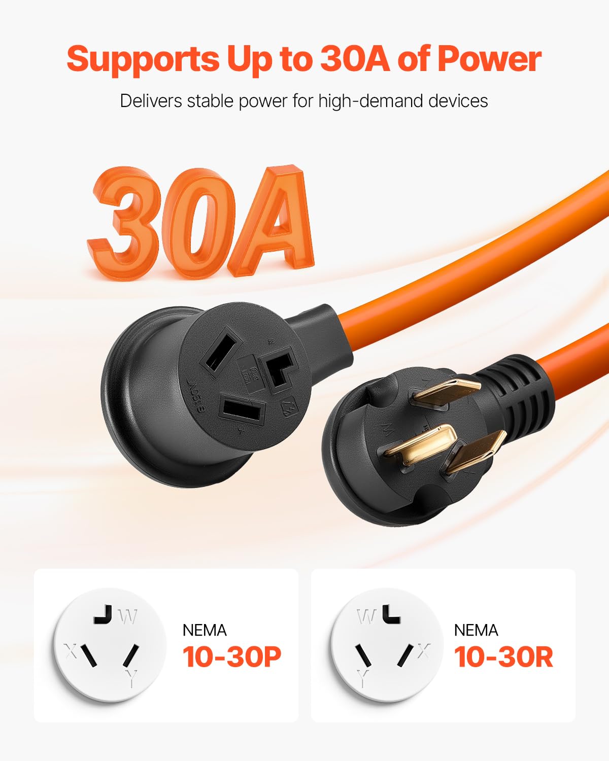 Vevor 10 Ft Dryer Extension Cord, 3-Prong Nema 10-30P To 10-30R Dryer Cord, 125V/250V Stw 10Awg/3C, 30A, Pure Copper Wire Cable