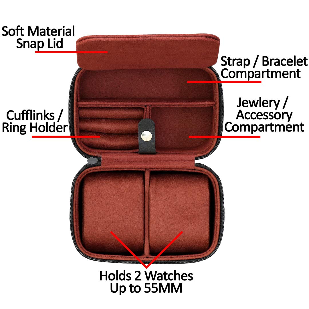 ROTHWELL 2 Watch Travel Case Storage Organizer for 2 Watches | Tough Portable Protection w/Zipper Fits All Wristwatches & Smart