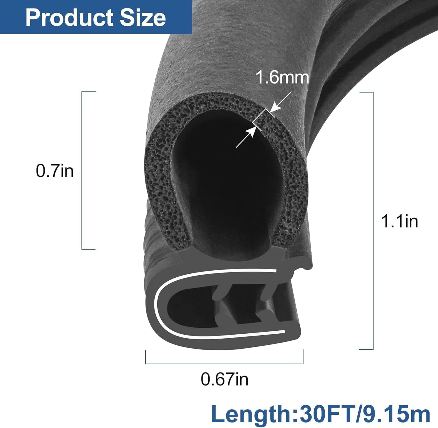 Automotive Door Weather Stripping 30Ft Car Door Rubber Edge Trim Seal Strip Gasket with Side Bulb for Car Bus Camper Boat RV Truck Doors