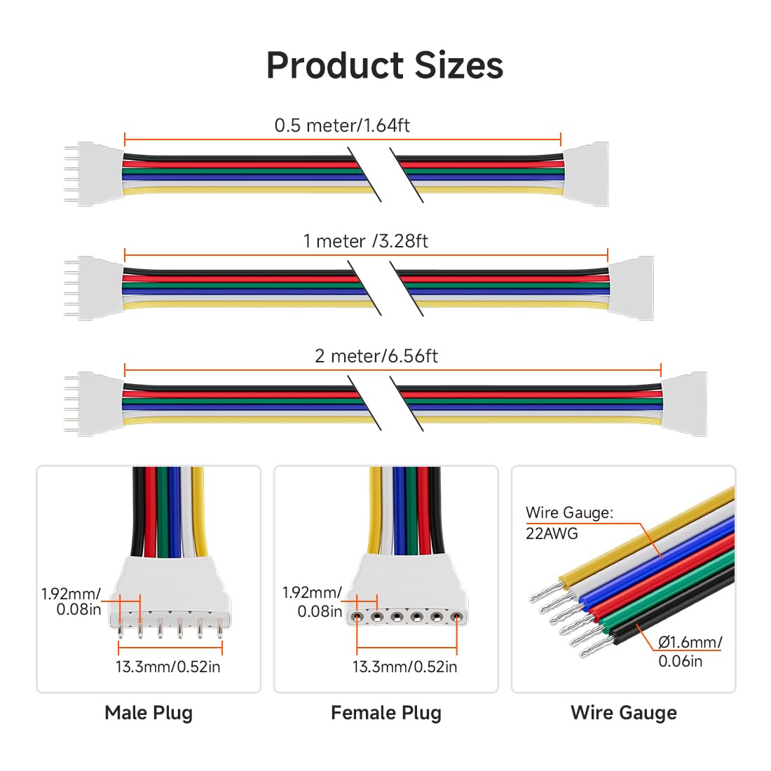 Btf-Lighting 5 Pack 22Awg 6 Pin Jst Male To Female Plug Led Connector 3.28Ft/1M Extension Cable For Fcob Smd Rgbcct Led Strip Lights Solderless Controller Wire