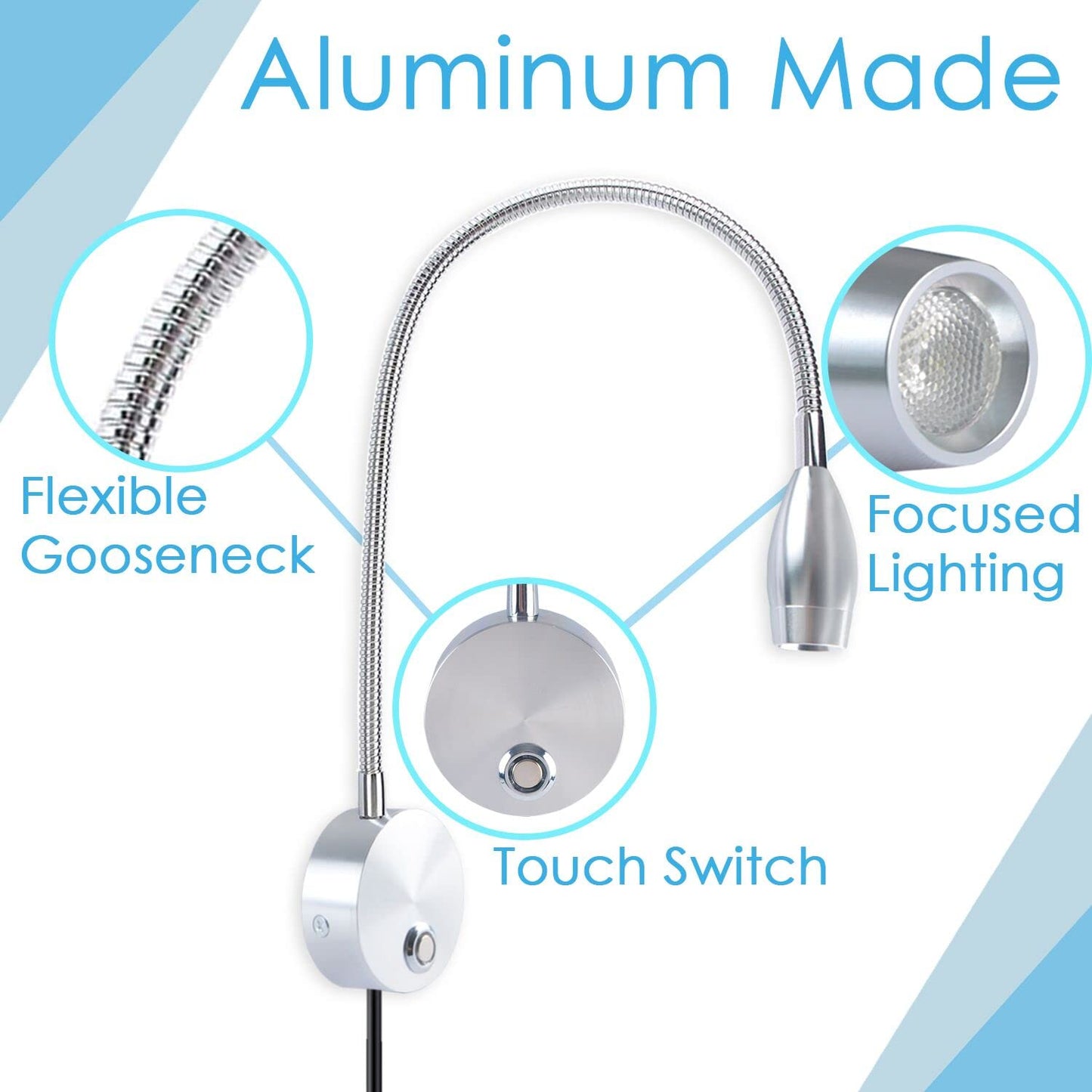 Adust LED Dimmable Wall Mount Reading Light, Adjustable Colour, 3W, Silver, Model RL-2, 1 Pack
