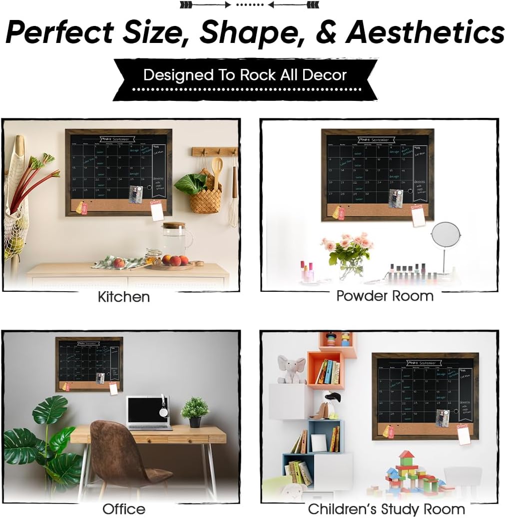 Loddie Doddie Chalkboard Calendar - 18" x 24" White Framed - Magnetic Chalkboard & Cork Bulletin Board with Chalk Markers, Push Pins & Magnets - Dry Erase Calendar for Wall