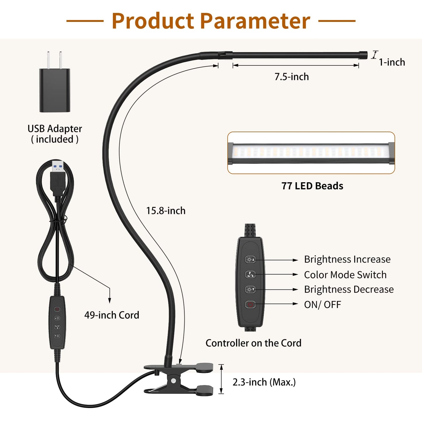 Izell Led Book Light Clip-On – 3 Color Modes, 10 Brightness Levels, Flexible Gooseneck, 15.8 Height, Black, Model Tbl401-Bk