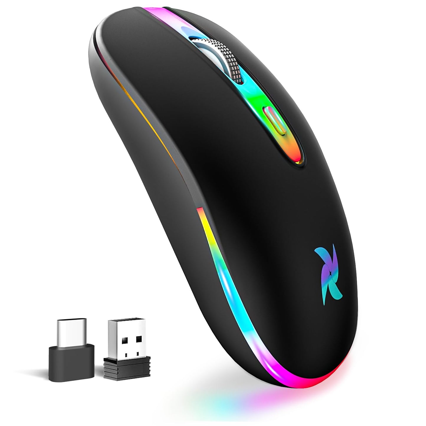 HZD LED Wireless Mouse, Slim Silent Rechargeable Mouse, 2.4G Portable USB Optical Mouse with Type C Adapter, 3 Adjustable DPI Levels 1600/1200/800 for Laptop/Tablet/Computer