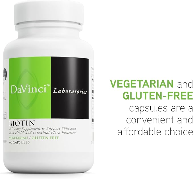 DAVINCI Labs Biotin - Supports Skin & Hair Health, Intestinal Flora Function* - Dietary Supplement with Vitamin C & Calcium as Ca Carbonate - Vegetarian - Gluten-Free - 60 Capsules