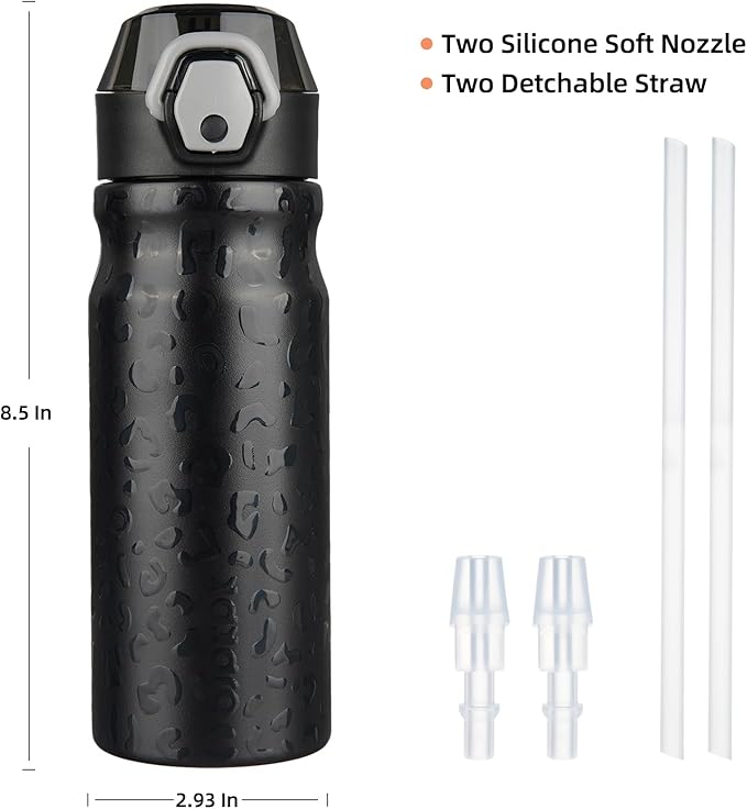 BJPKPK 18oz Insulated Water Bottle with Straw Stainless Steel Double Wall Water Bottles BPA Free Leak Proof Thermal Flask with Lockable Flip Lid and Soft Silicone Spout,Black Leopard
