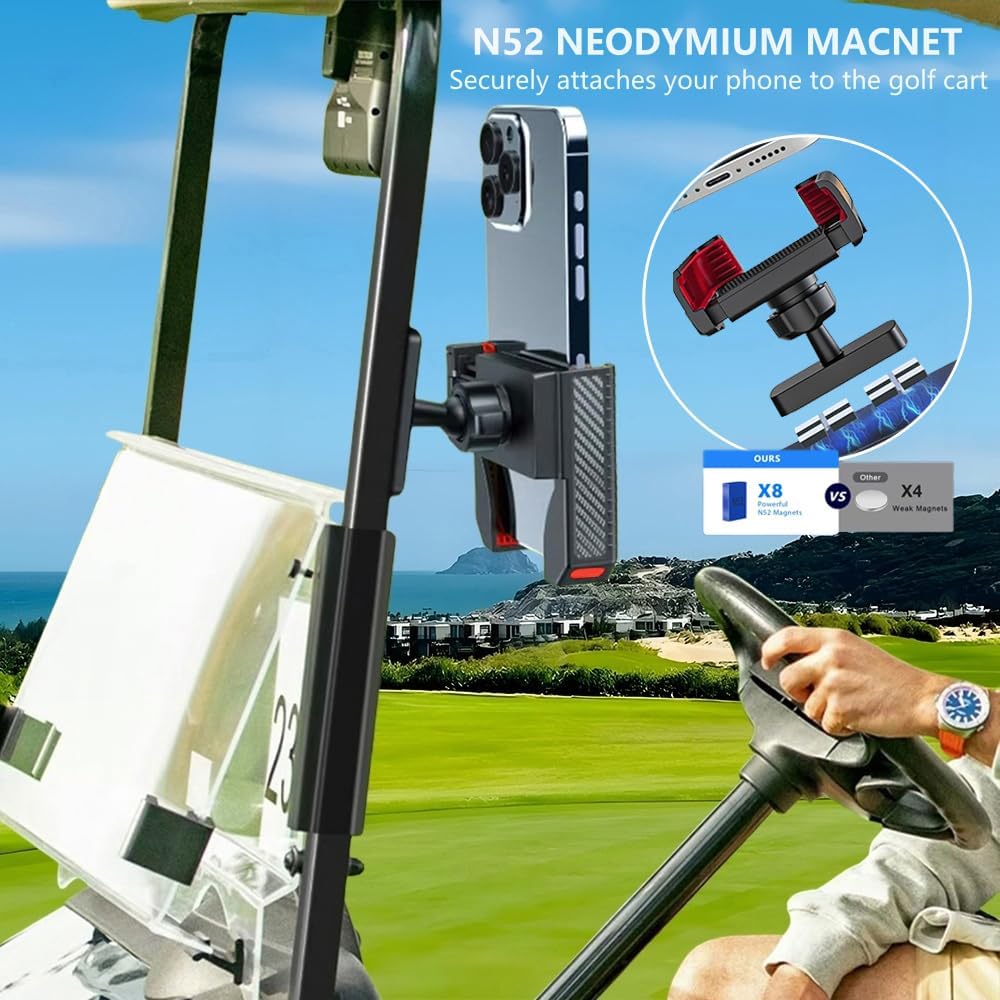 Magnetic Golf Cart Phone Holder: Powerful N52 Magnet Base, Tool-Free Install & 360° Rotatable, Universal Fits EZGO/ Club Car/ Yamaha - Must-Have Golf Accessories for iPhone, Samsung & All Smartphones