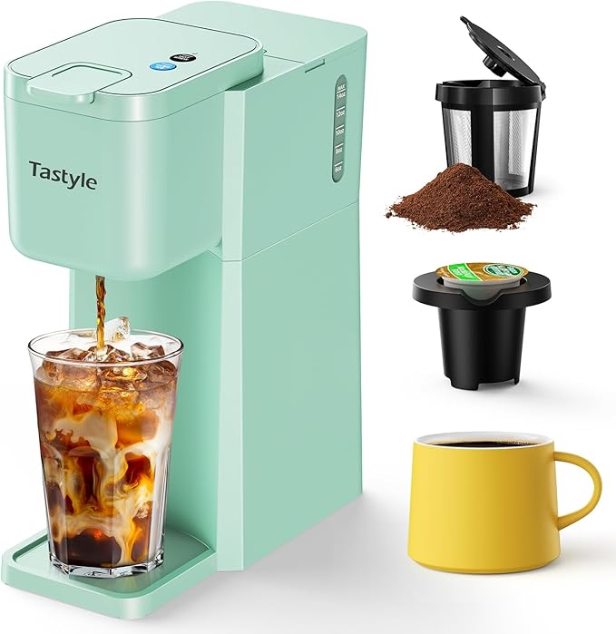 Mini Hot and Iced Coffee Maker Single Serve, for K Cup and Ground, 6 to 14 Oz Brew Sizes, with Recipe Book, for Home, Travel, RV, Office and Dorm, Mint
