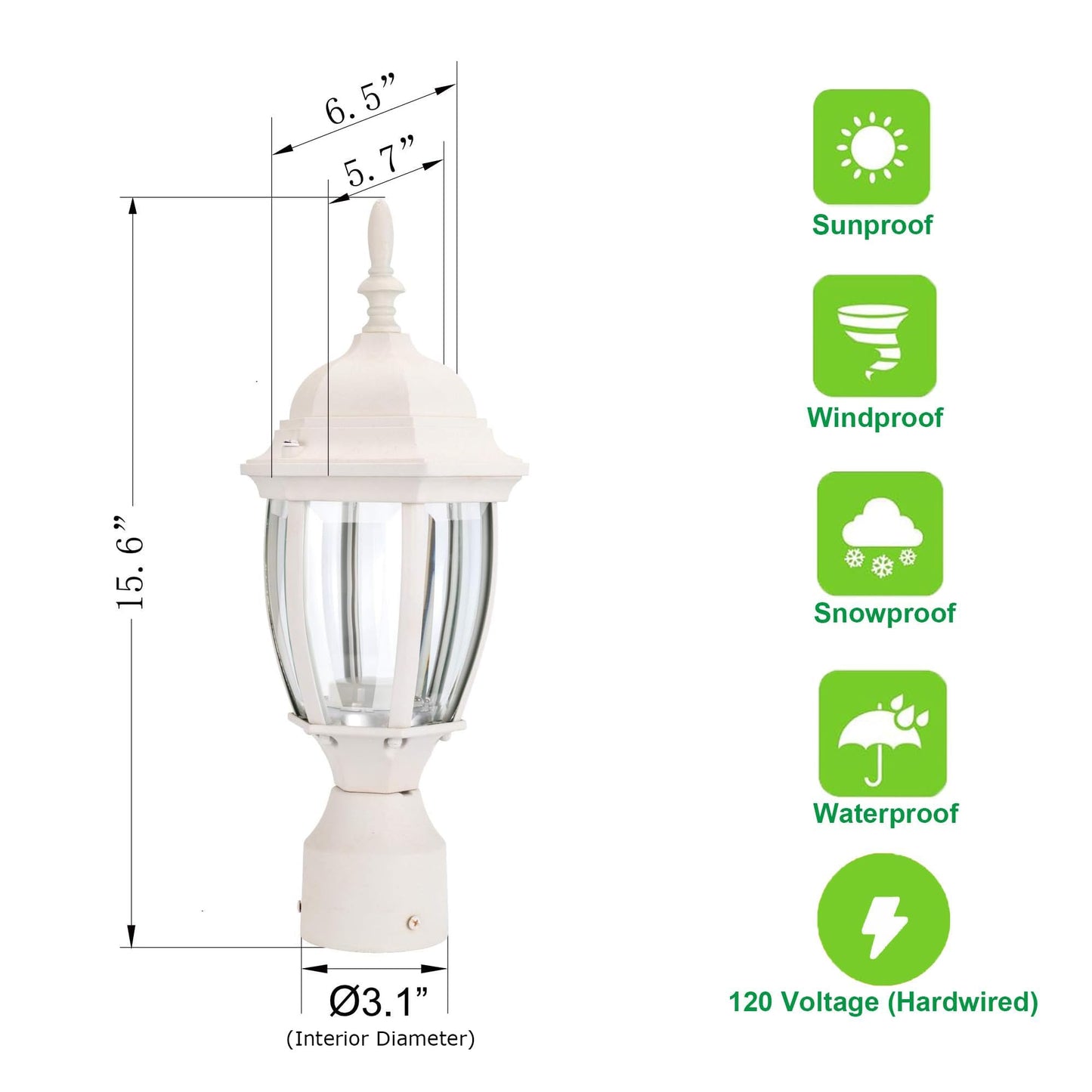 LIT-PaTH LED Outdoor Post Light, 9.5W 800 Lumens, 5000K Daylight White, Aluminum, Matte White Finish, Model LT-PL00150K