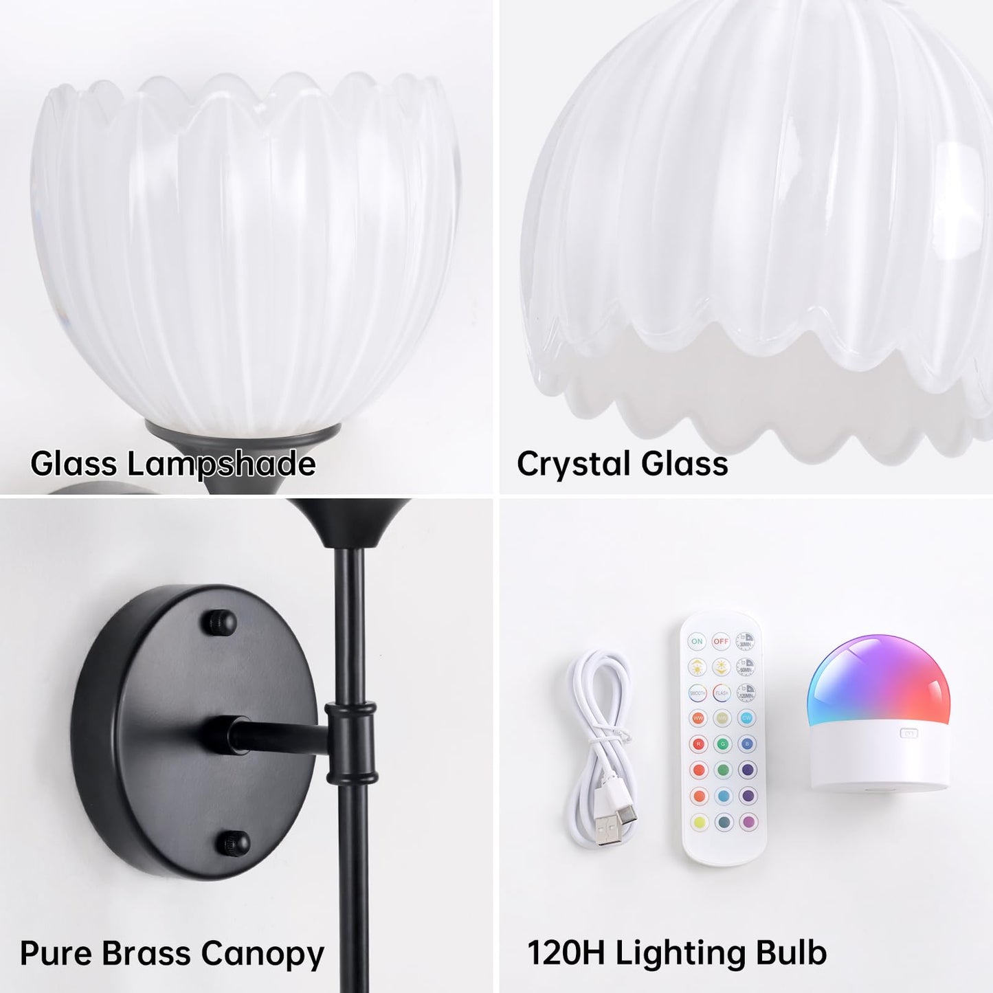 Shenmoyl Battery Operated Wall Sconce Set of 2, Vintage Glass Light Fixture, Rechargeable, Tulip White-Sceptre Black