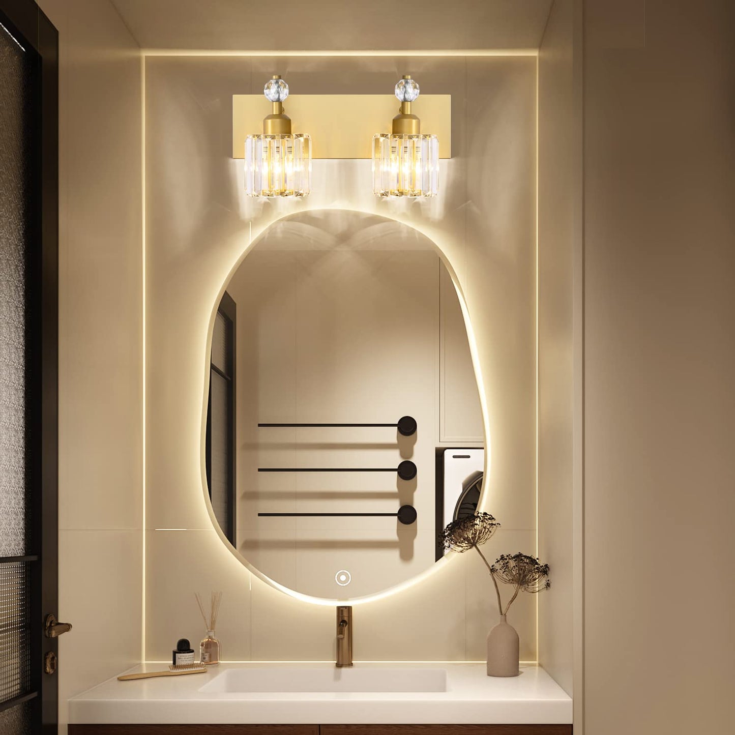 Presde Modern Chrome 2-Light Bathroom Vanity Light - Stainless Steel, Gold Finish, Over Mirror Sconce