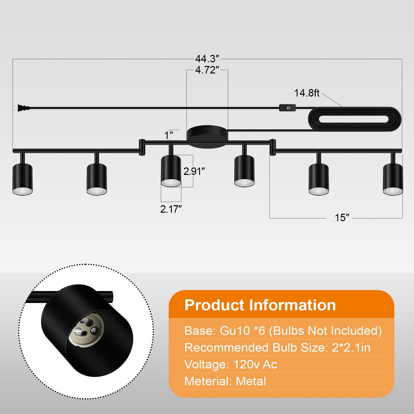 Plug In Track Lighting Led  Track Lighting Fixtures Ceiling  Black 6-Light Kitchen Light Kit  Plug In Wall Light With 14.8Ft Power Cord  Rotatable Ceiling Spotlight For Bedroom(Gu10 Socket  No Bulb)